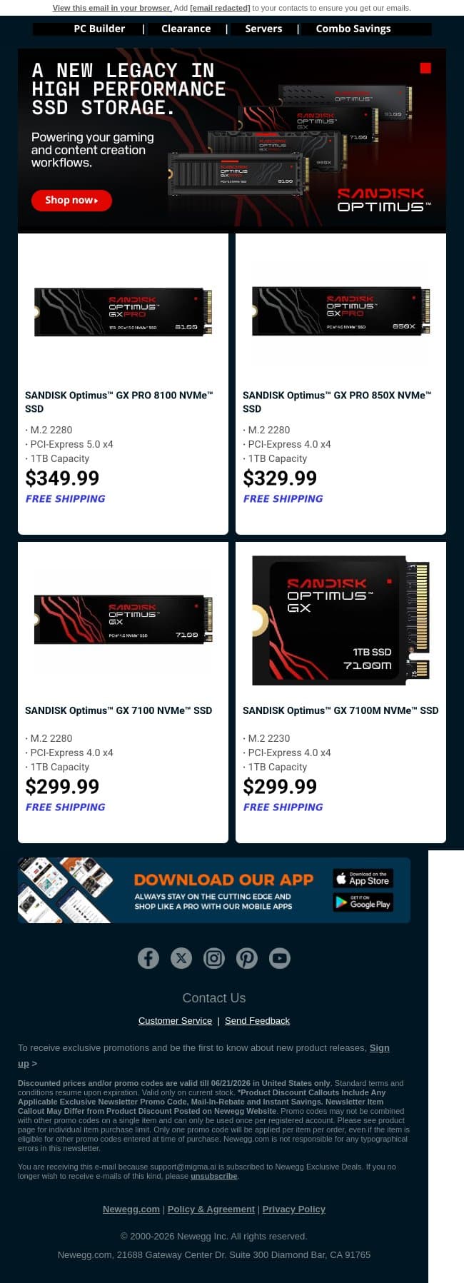 Meet the SanDisk Optimus™ Series — Built for Next-Level NVMe Performance email from Newegg screenshot