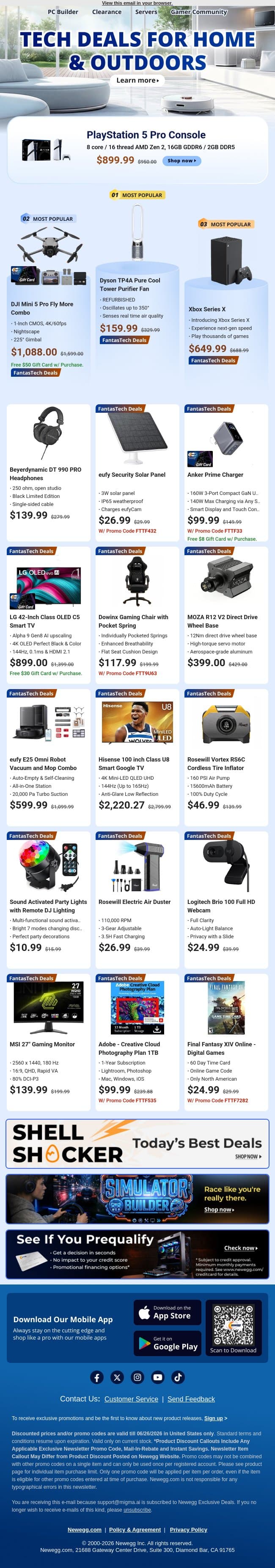 🕹️ FantasTech Sale: PS5 Pro & LG OLED TV Deals Are Live Now email from Newegg screenshot