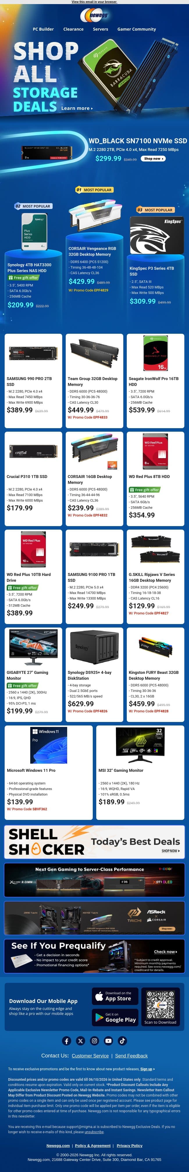 💾 Top Internal SSDs & Desktop Memory email from Newegg screenshot
