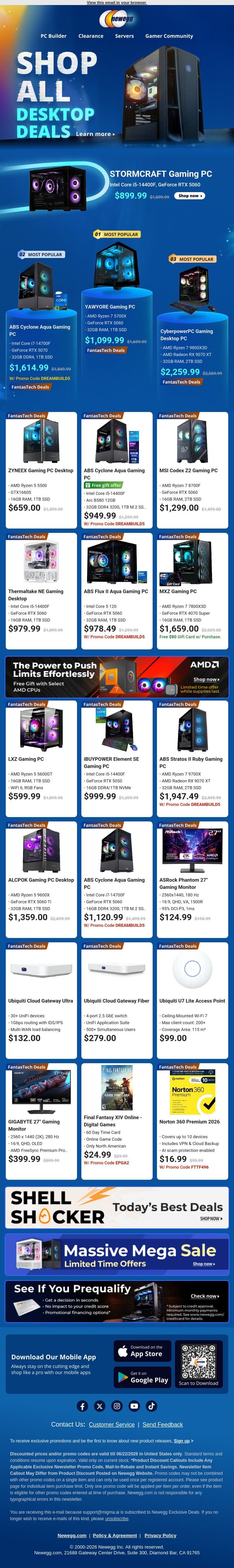 🕹️ Top Gaming Desktop PCs & Monitors email from Newegg screenshot