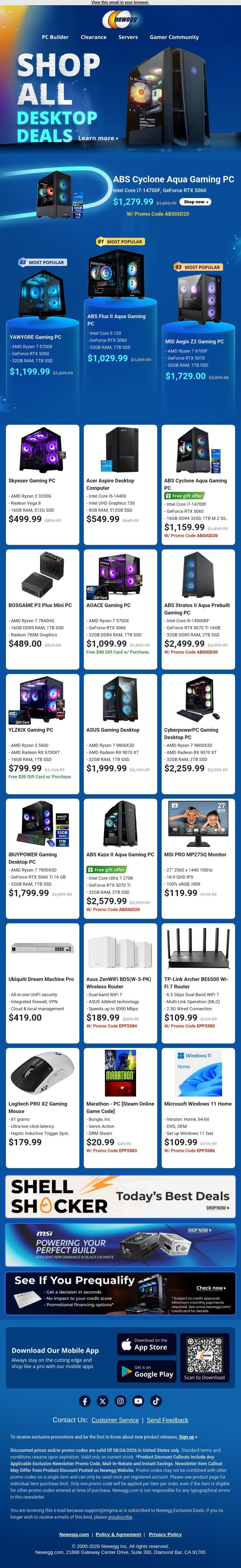 🖥️ Gaming Desktop PCs Galore & More! email from Newegg screenshot