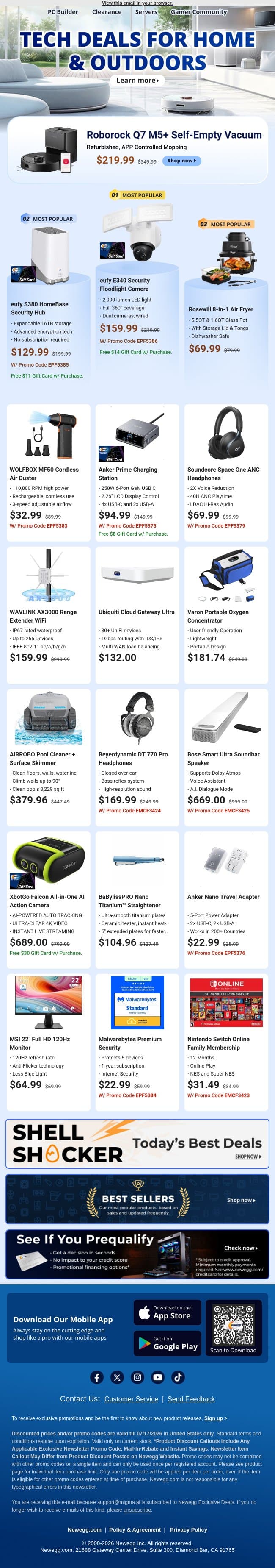 🤖 Robotic Vacuums & Home Security Highlights! email from Newegg screenshot