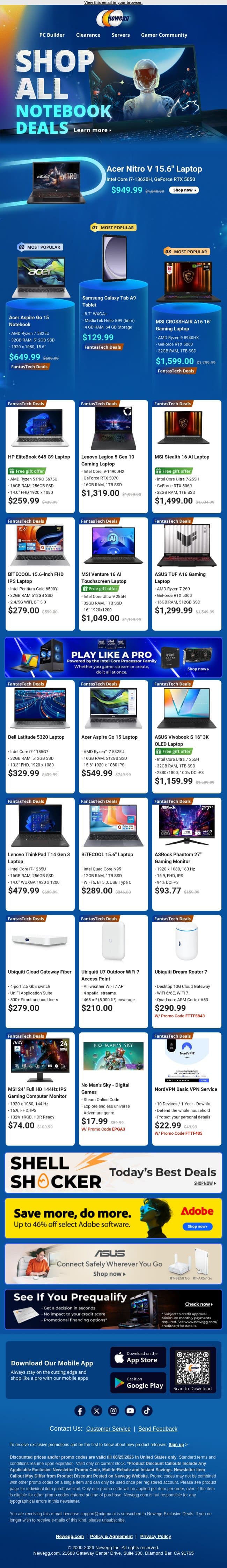 🎮 FantasTech Sale Is On — Top Gaming & All Laptops Deals Live Now email from Newegg screenshot