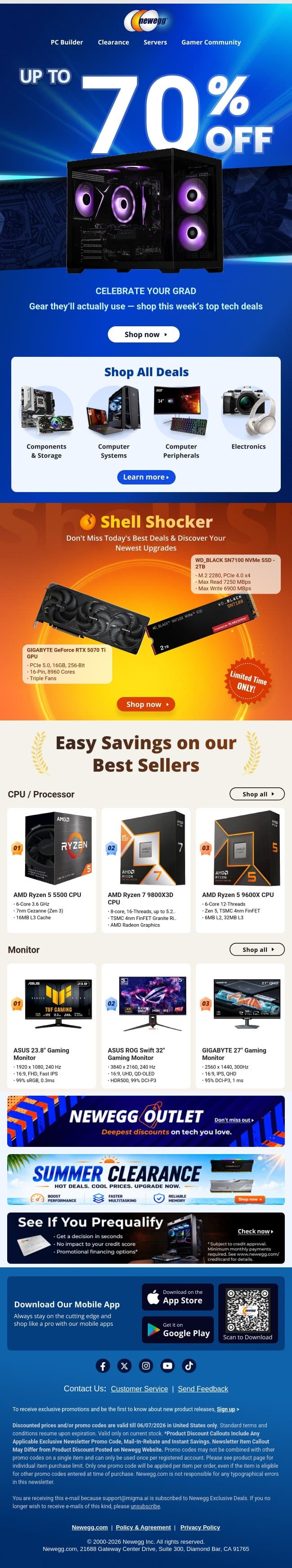 Up to 70% off — Celebrate Your Grad deals are here email from Newegg screenshot