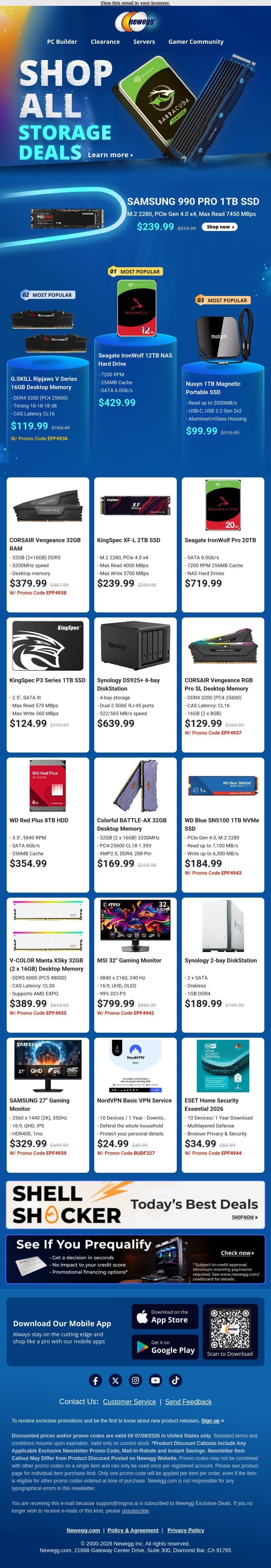 Storage Deals Are Live: Samsung 990 PRO, Synology NAS & More 🔥 email from Newegg screenshot