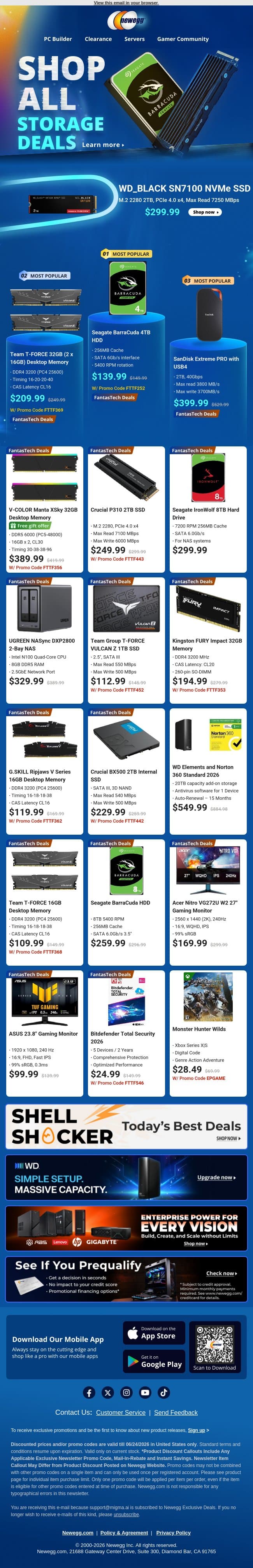 FantasTech Sale ⚡ Internal SSDs & Desktop Memory Deals Are Live email from Newegg screenshot