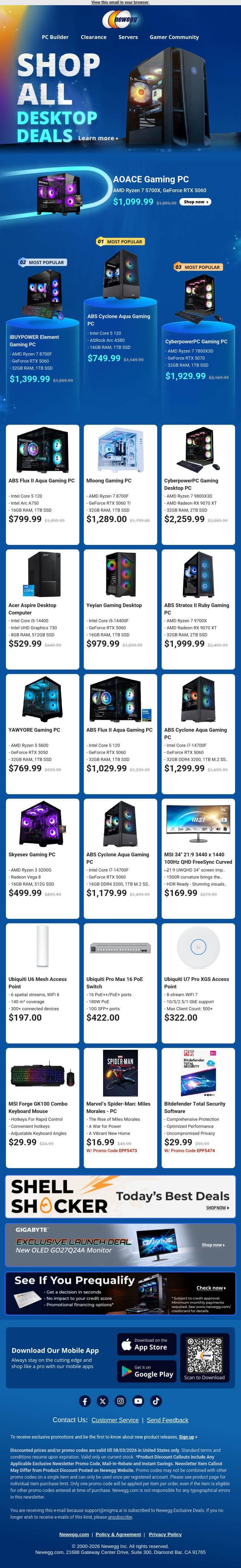 🖥️ Gaming Desktop PCs Galore Today! email from Newegg screenshot