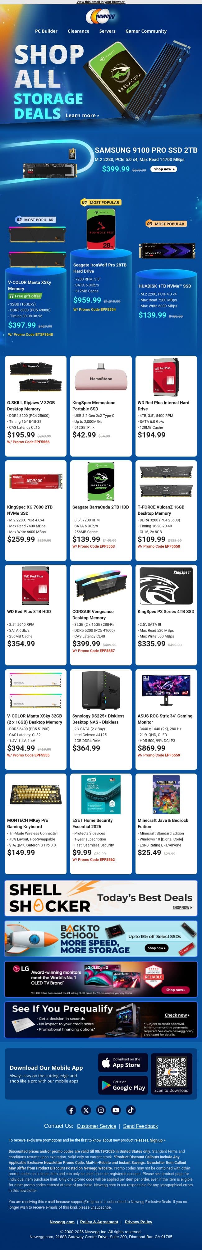 💾 Internal SSDs & Desktop Memory Bonanza email from Newegg screenshot