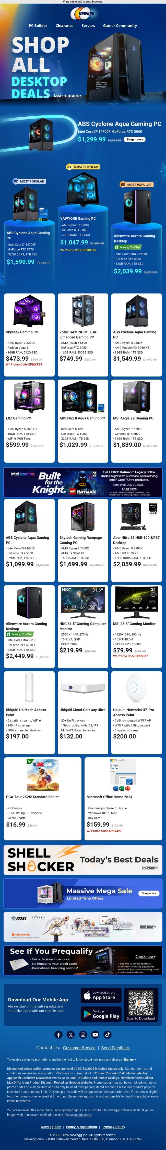 🖥️ Top Gaming Desktop PCs & Monitors email from Newegg screenshot