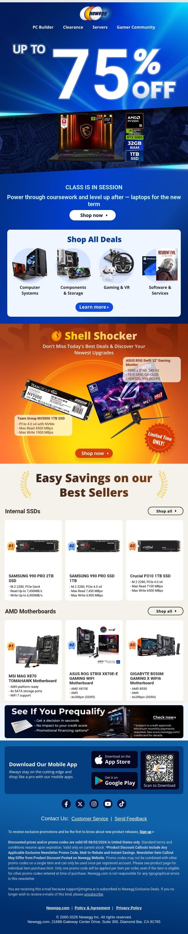 Back to School: Up to 75% Off Starts Now email from Newegg screenshot