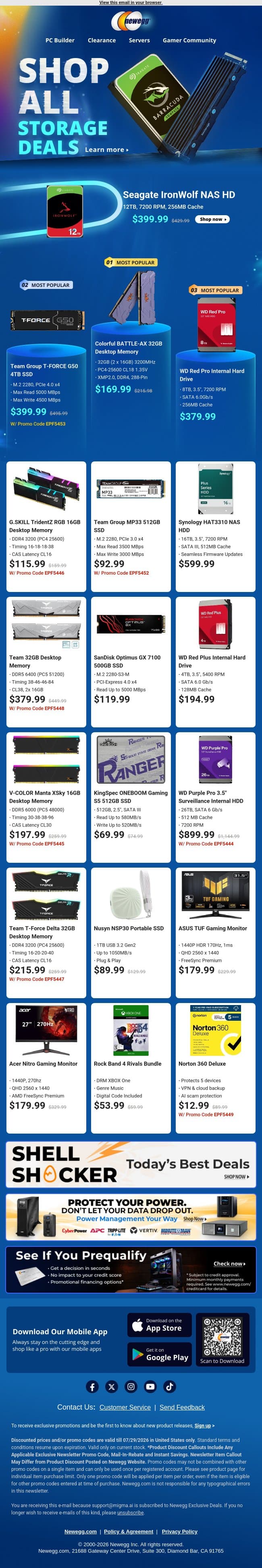 🖴 Desktop Hard Drives & Memory Bonanza email from Newegg screenshot