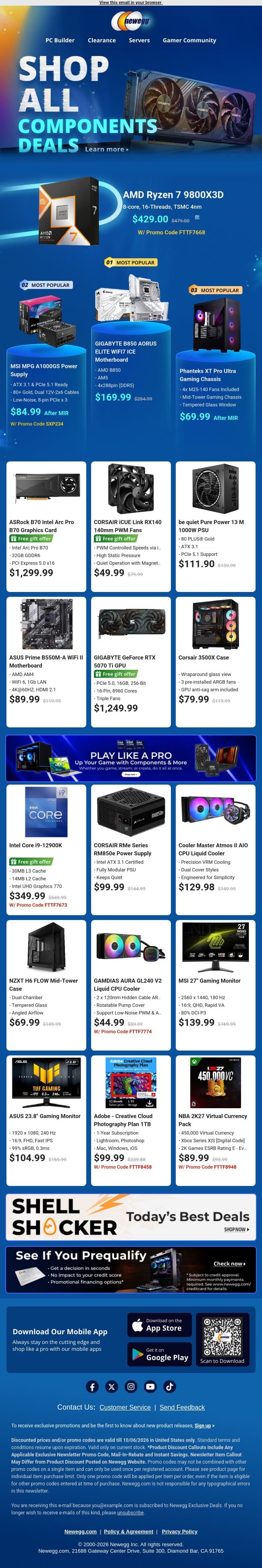 Top Desktop CPUs & AMD Motherboards 🔥 email from Newegg screenshot