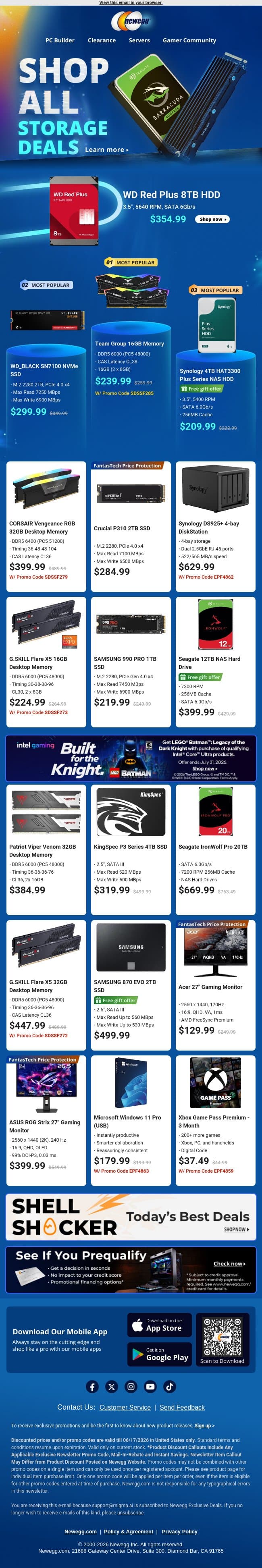 💾 Desktop Internal Hard Drives & Memory Alert! email from Newegg screenshot