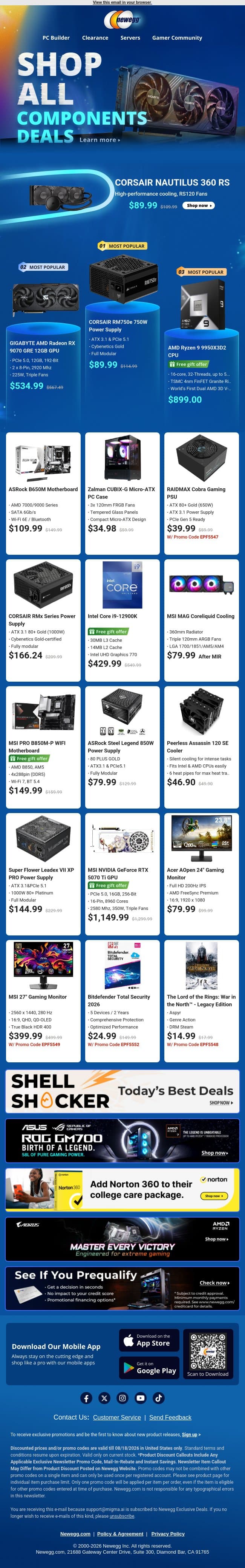 🌀 Water Cooling & Power Supplies Galore! email from Newegg screenshot