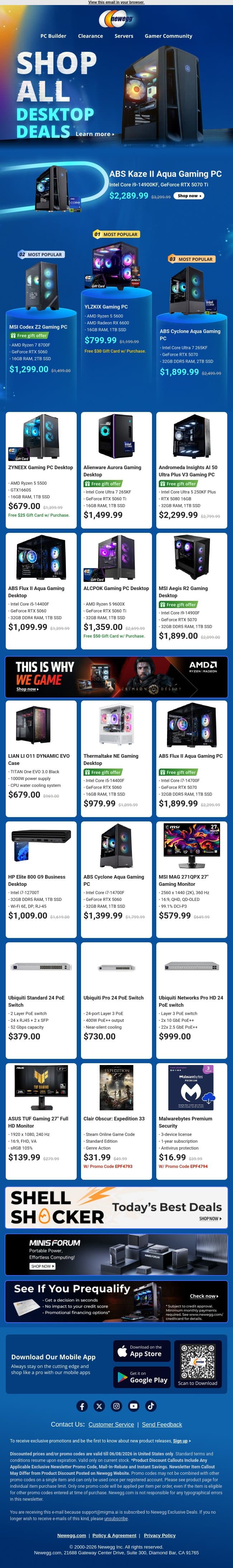 🖥️ Gaming Desktop PCs & Monitors Bonanza! email from Newegg screenshot