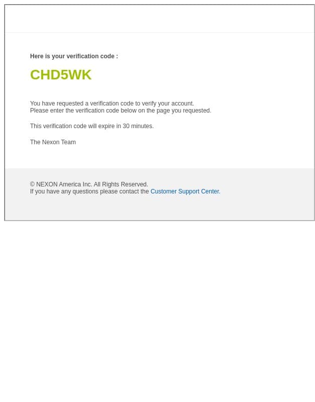 Your Account Verification Code email from Nexon screenshot