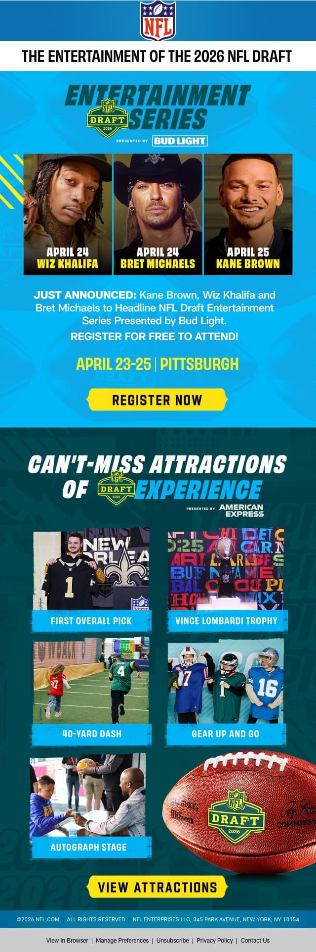 🚨JUST ANNOUNCED: Headlining Acts For The NFL Draft email from NFL screenshot