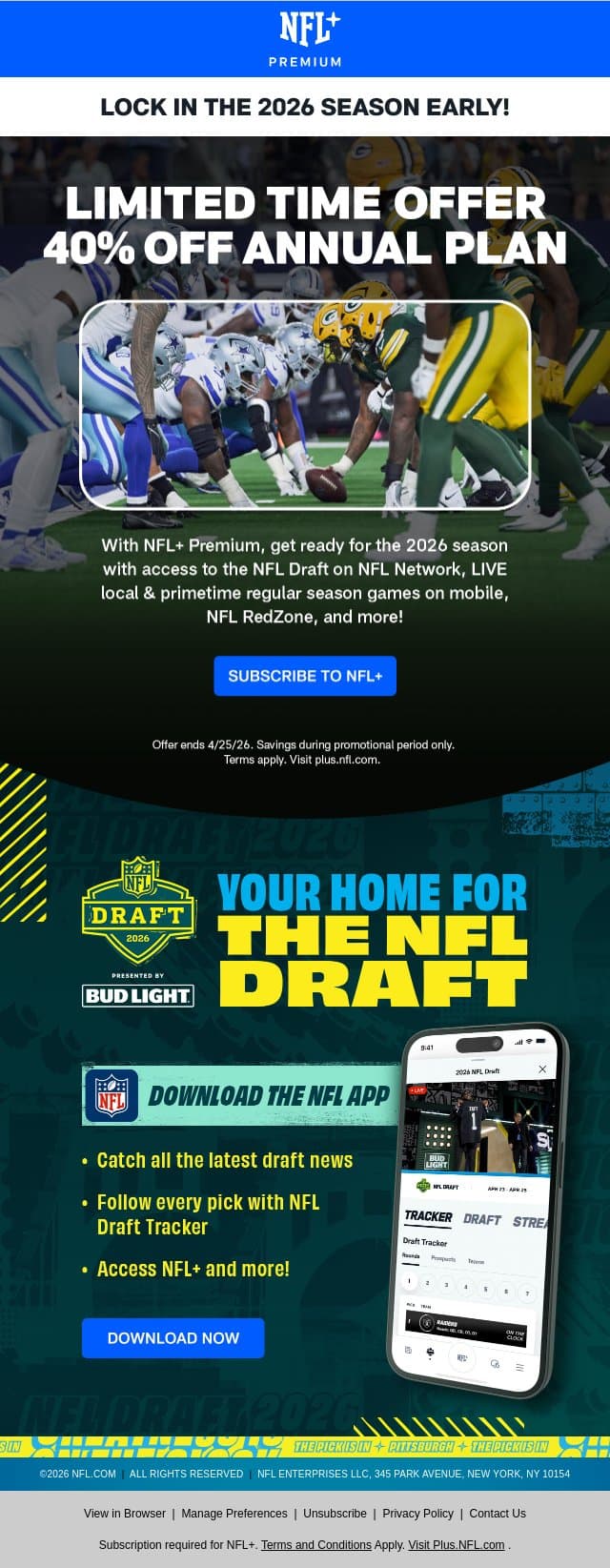 SCORE 40% OFF AN NFL+ PREMIUM ANNUAL PLAN!​ email from NFL screenshot