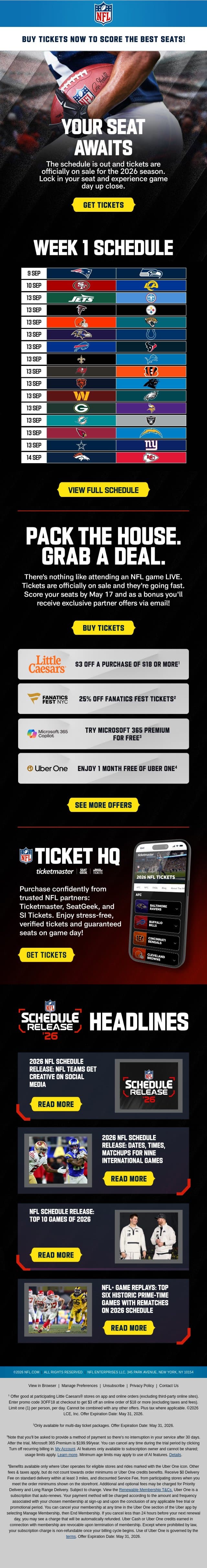 Let The Games Begin! Single Game Tickets Are On Sale NOW! 🎉 email from NFL screenshot
