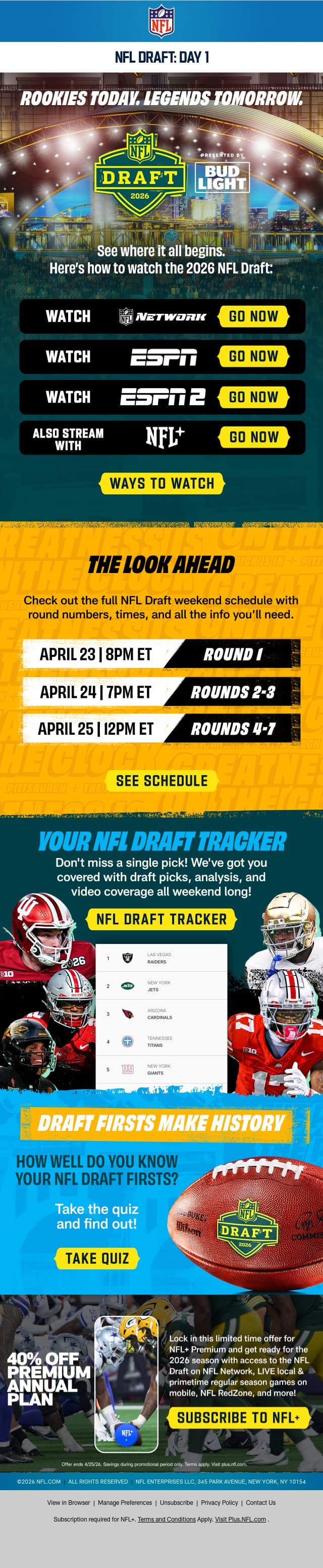 You're On The Clock 🕗 Draft Day 1 Is Here! email from NFL screenshot