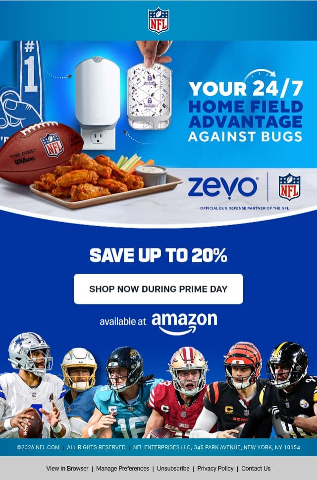 Your 24/7 home field advantage against bugs 🏈 email from NFL screenshot