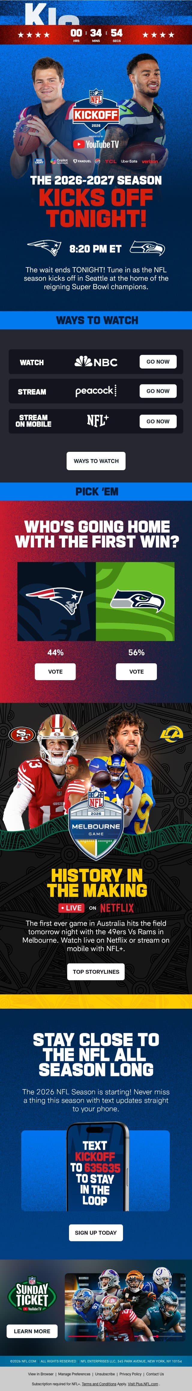 IT’S TIME. The 2026 Season Starts TONIGHT! 🎉 email from NFL screenshot