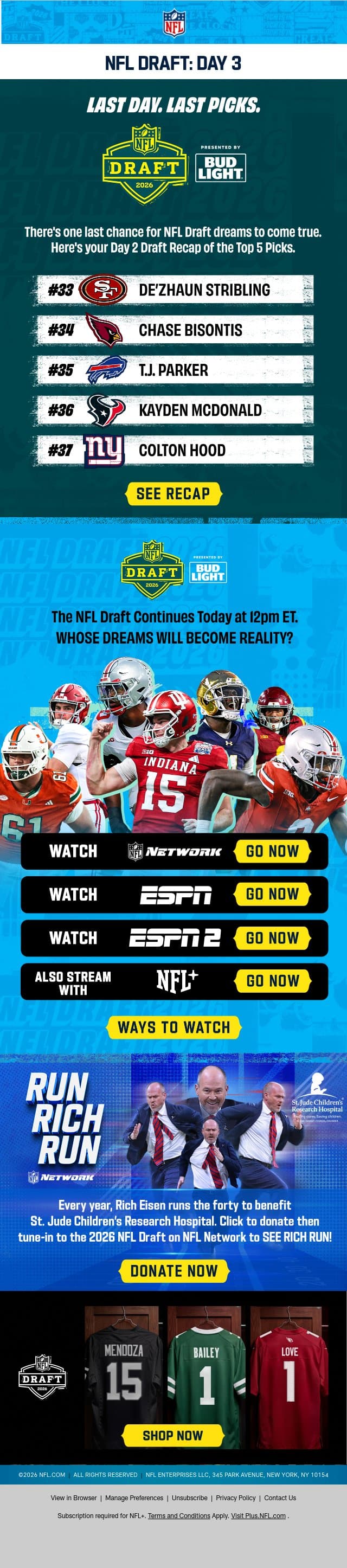Late Round Steals Loading 👀 The Action Kicks Off At 12PM ET! email from NFL screenshot