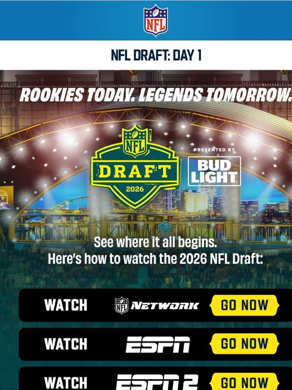 You're On The Clock 🕗 Draft Day 1 Is Here! email from NFL