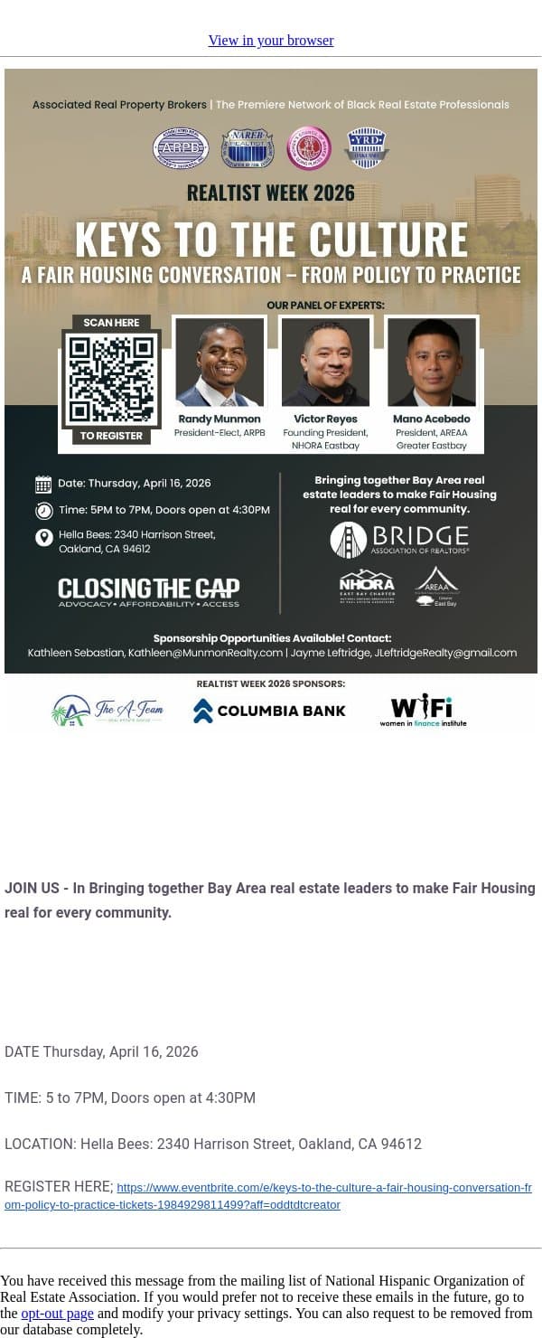 Keys To The Culture - A Fair Housing Conversation email from NHORA screenshot