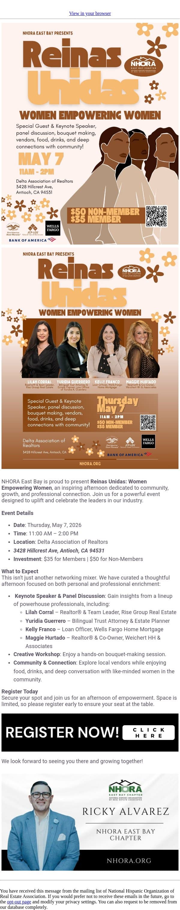 You’re Invited: Reinas Unidas – Women Empowering Women 👑 email from NHORA screenshot