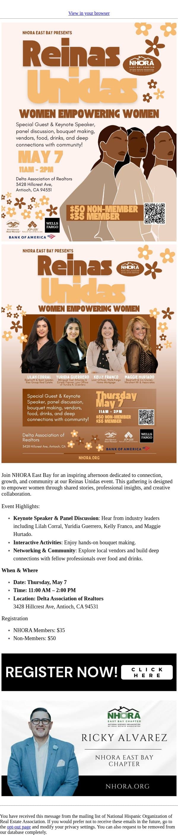 Celebrating Leadership: NHORA East Bay Reinas Unidas email from NHORA screenshot