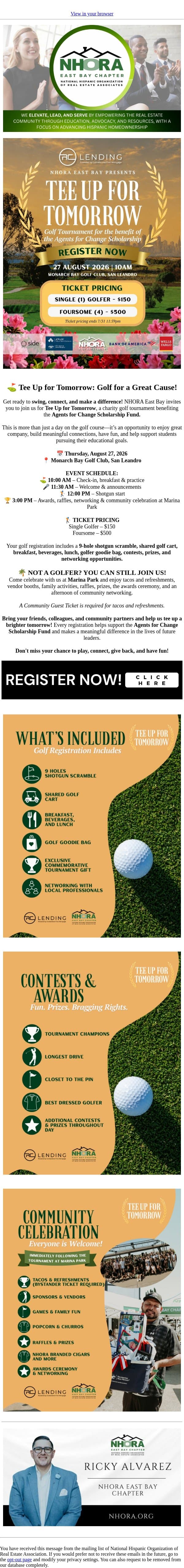Don't Miss Your Shot—Register for Tee Up for Tomorrow Today! email from NHORA screenshot