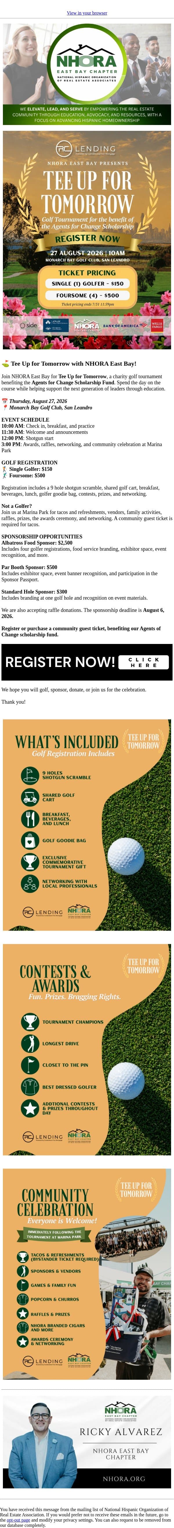Swing for a Cause—Support the Agents for Change Scholarship Fund email from NHORA screenshot