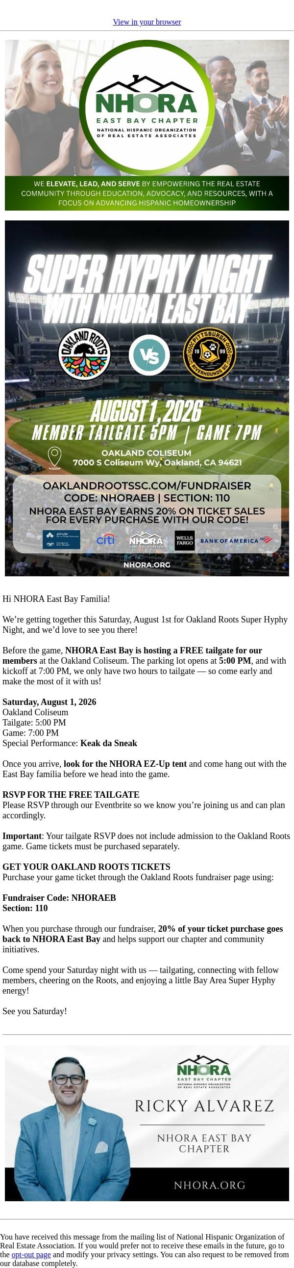 NHORA East Bay Takes on Super Hyphy Night — Join Us! email from NHORA screenshot