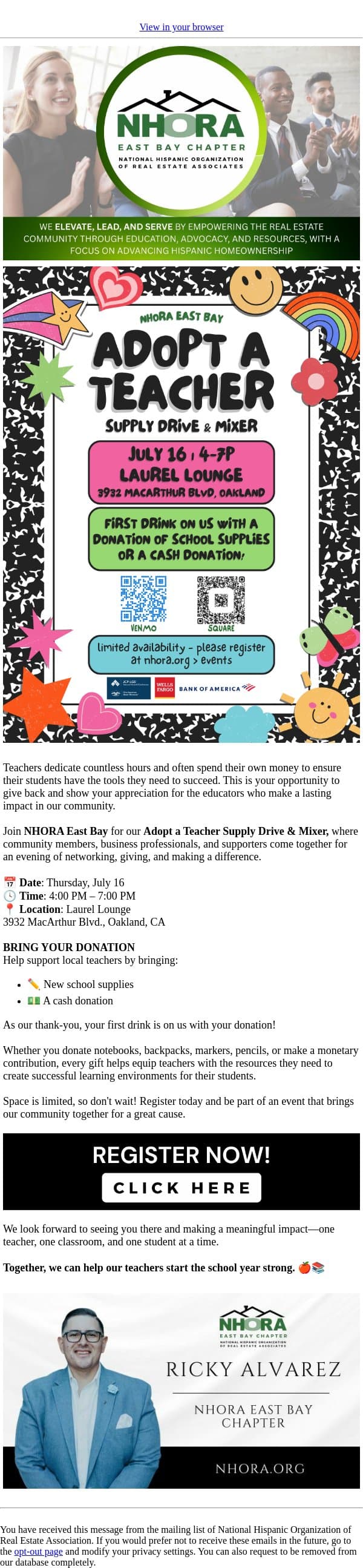 📚 Support Local Teachers at NHORA East Bay's Supply Drive & Mixer email from NHORA screenshot