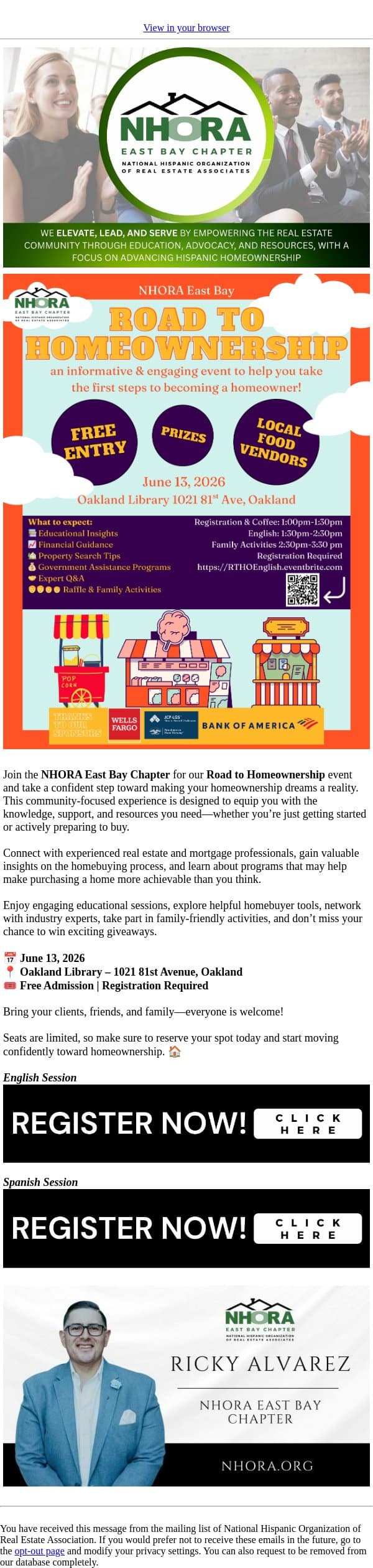 Bring Your Clients! Road to Homeownership Event – East Bay email from NHORA screenshot