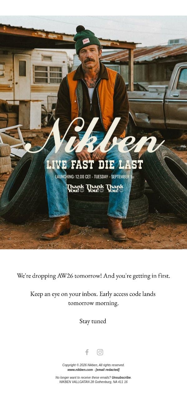 Early access to AW26 starts tomorrow. email from Nikben screenshot