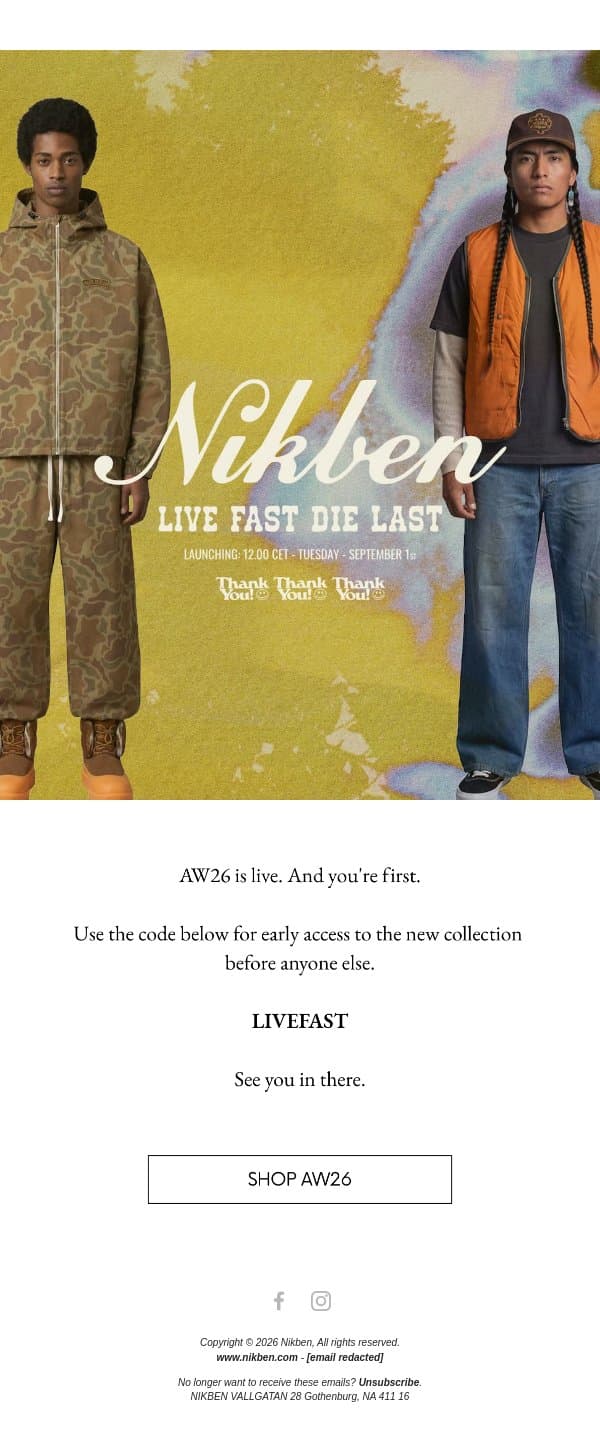 You're in. Early access to AW26. email from Nikben screenshot
