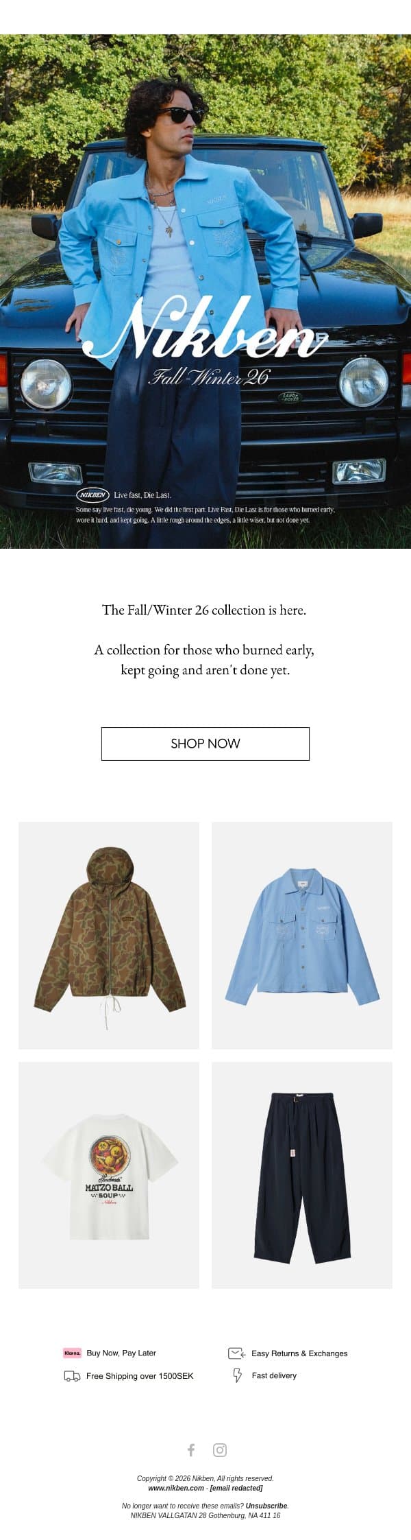 FW26 is live. email from Nikben screenshot