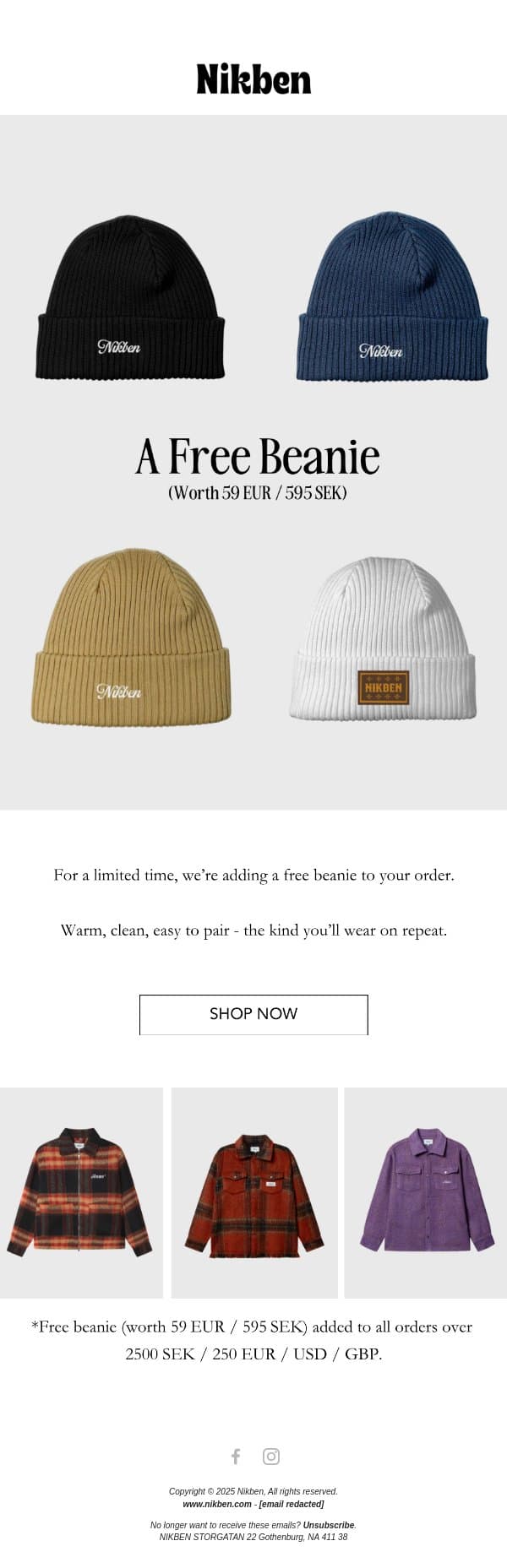 Your Free Beanie Is Waiting email from Nikben screenshot