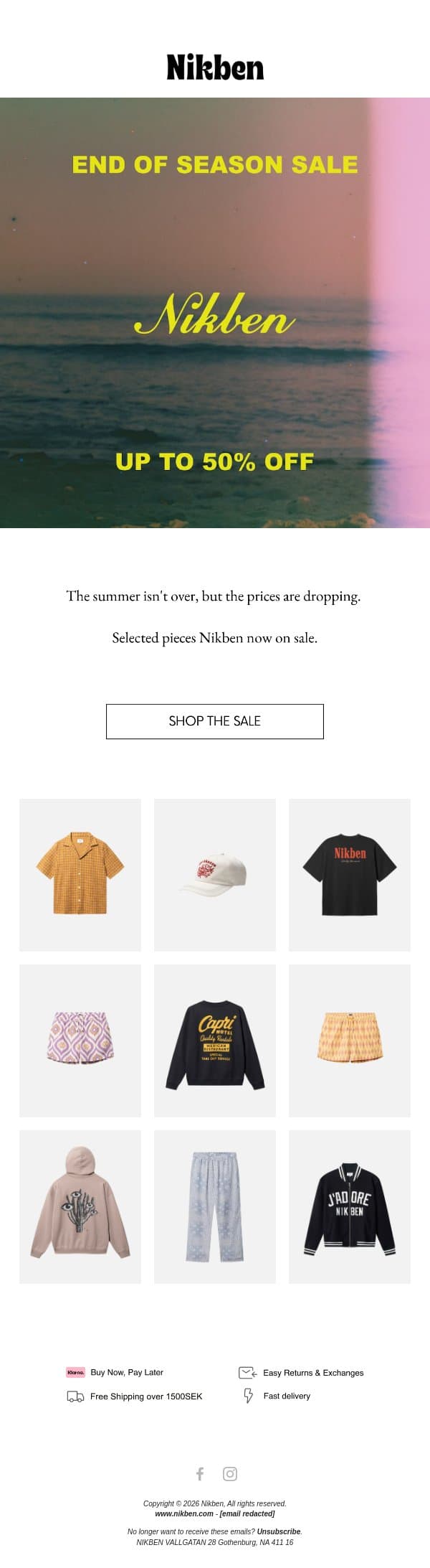 End of season sale. Now live. email from Nikben screenshot