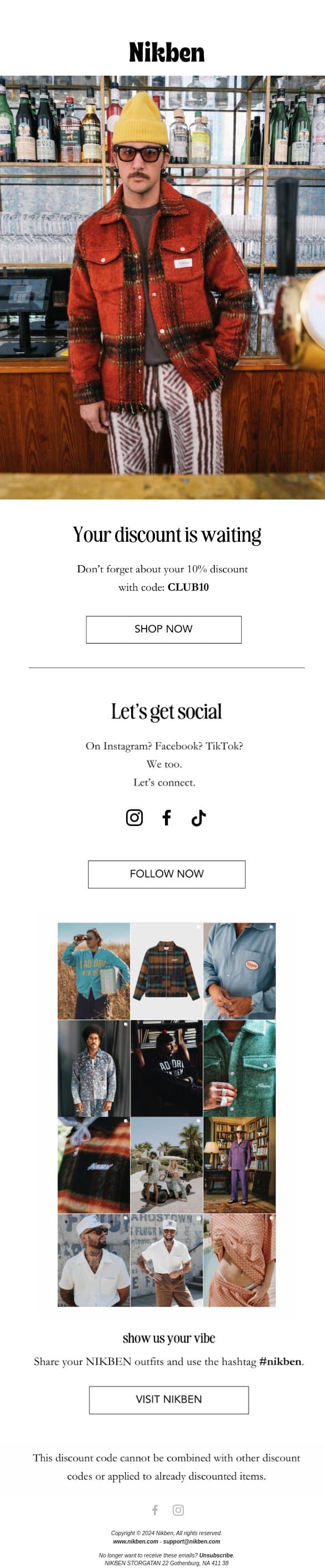 Follow us on social media email from Nikben screenshot