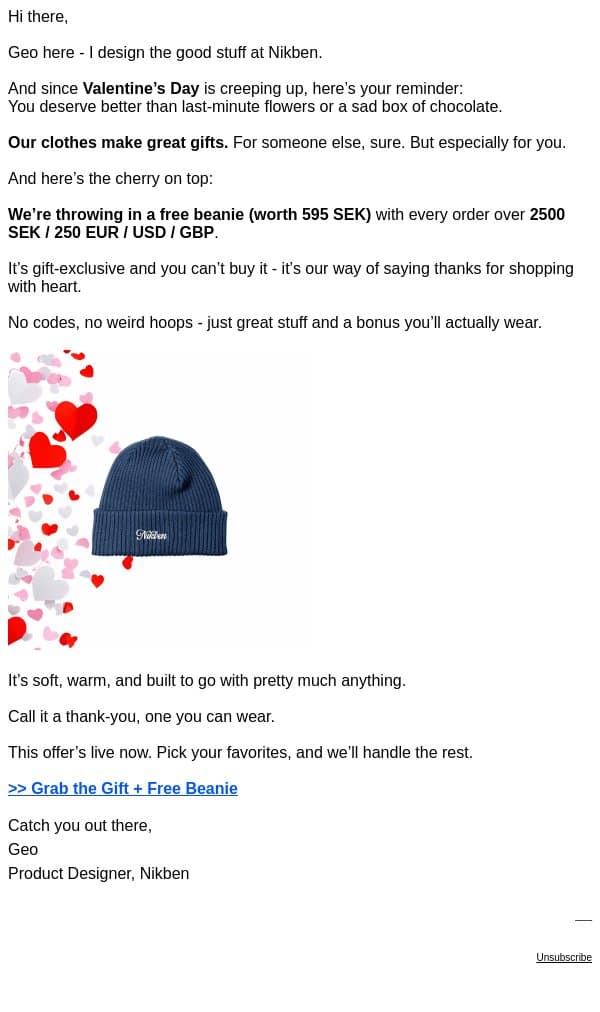 Valentine’s Day? Gift = Handled. email from Nikben screenshot