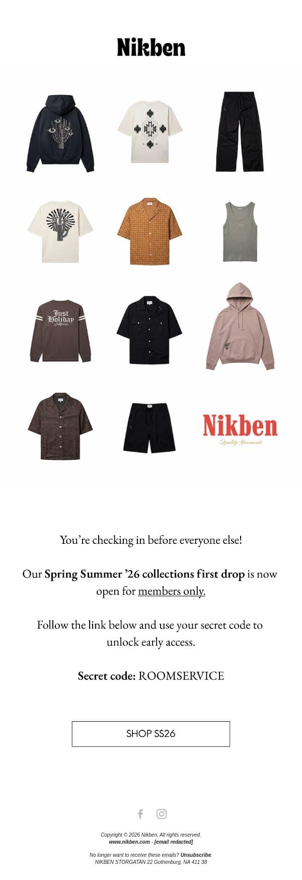 EARLY ACCESS – SS26 email from Nikben screenshot