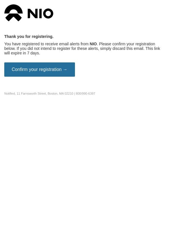 Please confirm your email alert subscriptions for NIO email from Nio screenshot