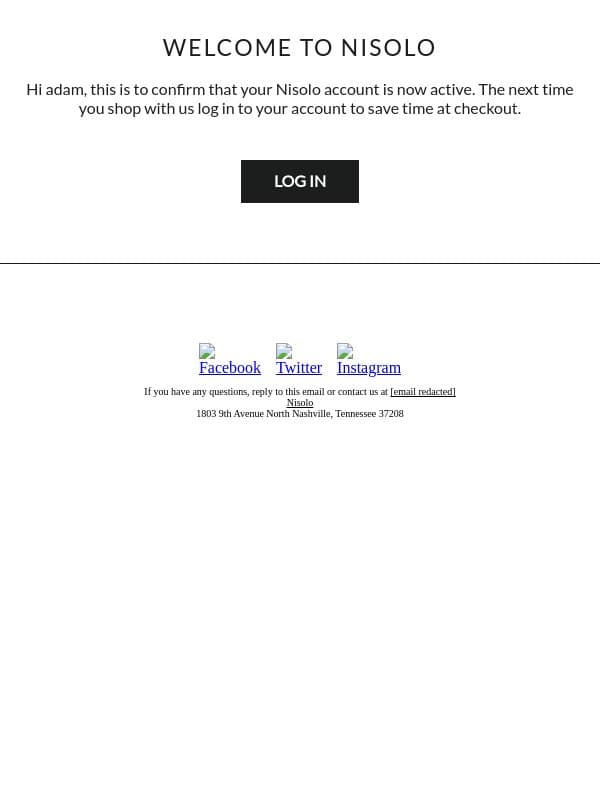 Customer account confirmation email from Nisolo screenshot