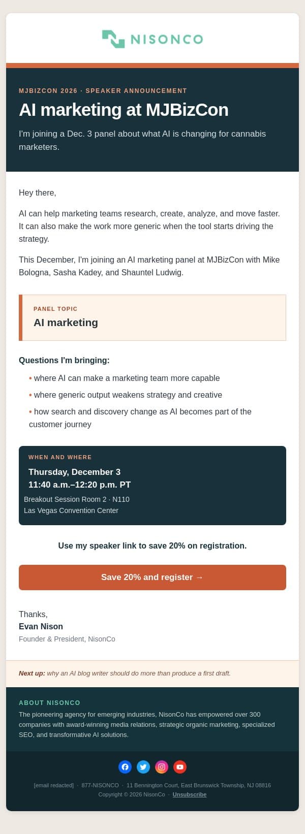 I'm speaking about AI marketing at MJBizCon email from NisonCo screenshot