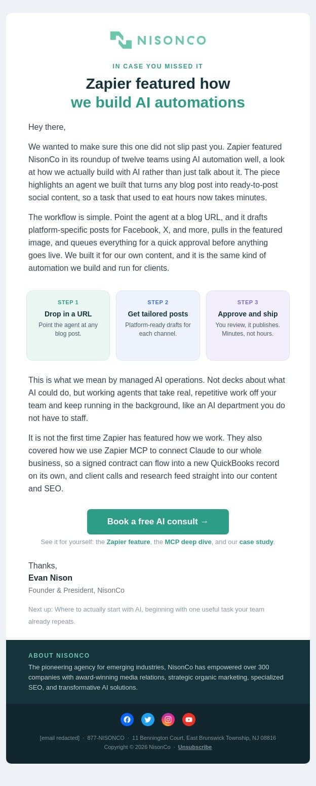 Zapier featured how we build AI automations email from NisonCo screenshot