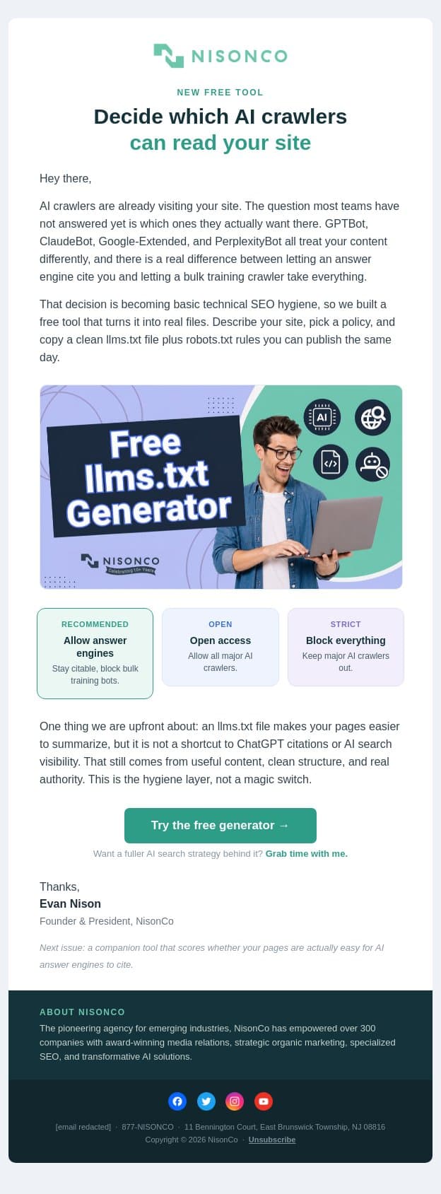 Should AI crawlers be reading your site? Now you can decide email from NisonCo screenshot