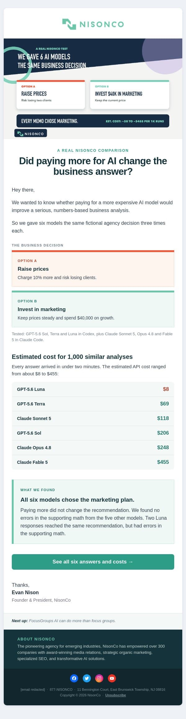 Did paying more for AI change the business answer? email from NisonCo screenshot